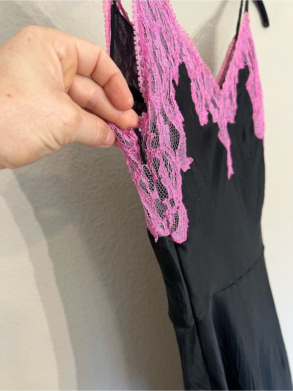 Vintage Betsey Johnson silk satin bias cut black pink lace midi dress coquette - Picture 13 of 14